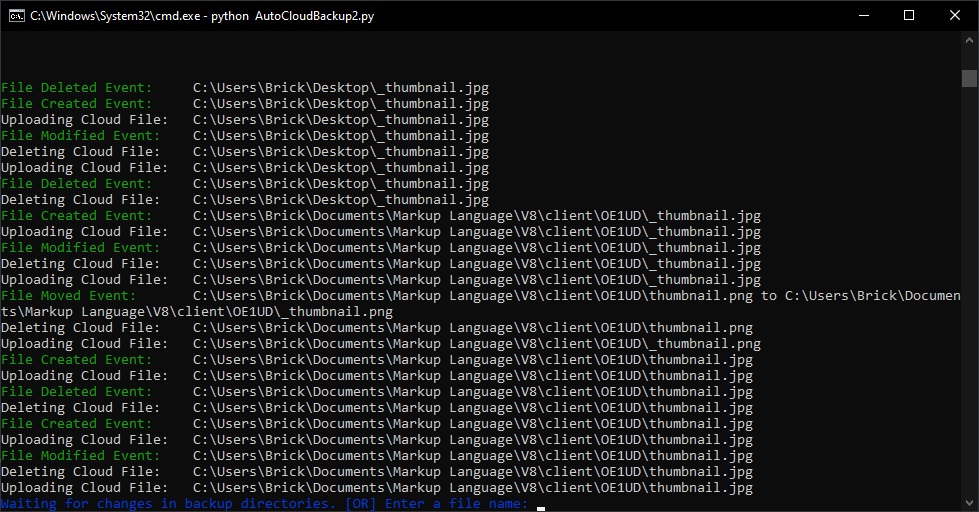 autocloudbackup running in the terminal