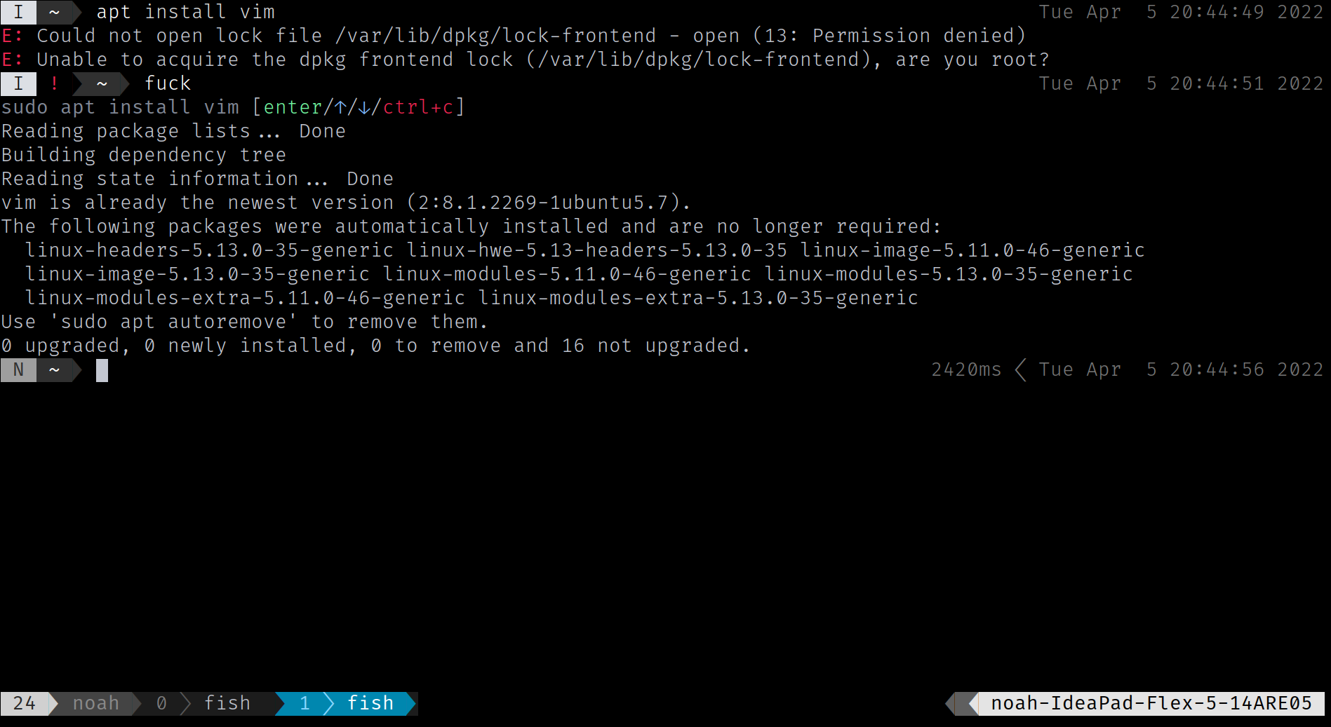 fixing apt install vim with fuck