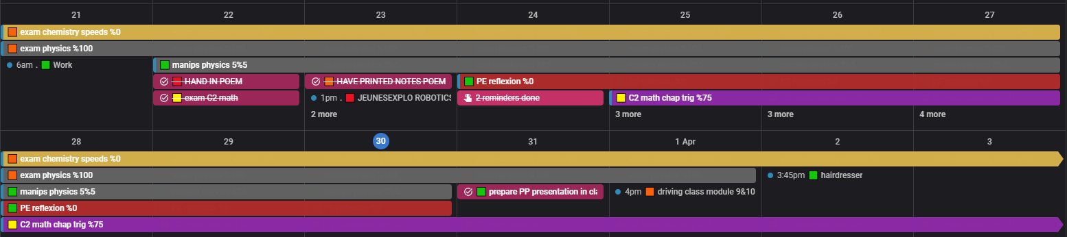 screenshot of different colors of assignments on google calendar