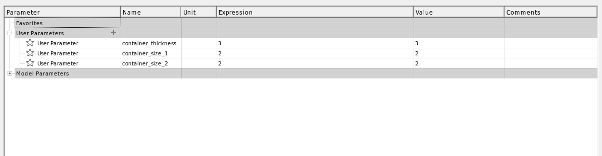 window showing user-defined parameters