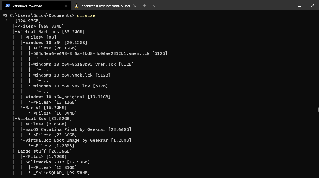 dirsize command output in the terminal